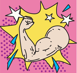 muscle biceps arm hands gesture in pop art comics style graphic illustration