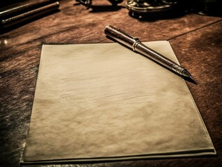 A blank sheet of paper with a pen on a wooden desk, suggesting writing or note-taking.