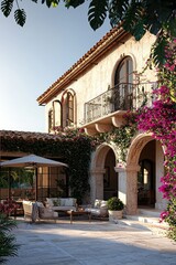 Clear summer skies over a Mediterranean villa with a shaded outdoor area.