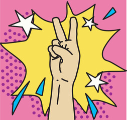 peace victory hand symbol hands gesture in pop art comics style graphic illustration