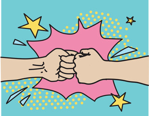 Greeting Fist, Fists Bump greeting signs Hi symbol fight symbol hands gesture in pop art style graphic illustration