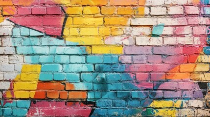 Fototapeta premium Brick wall with graffiti art - Featuring brick walls adorned with graffiti, often used in urban and street-style photography, film, and interior design to convey a vibrant, edgy aesthetic.