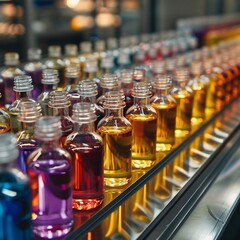 Colorful Glass Bottles on Conveyor Belt   Production Line  Manufacturing  Factory  Industr