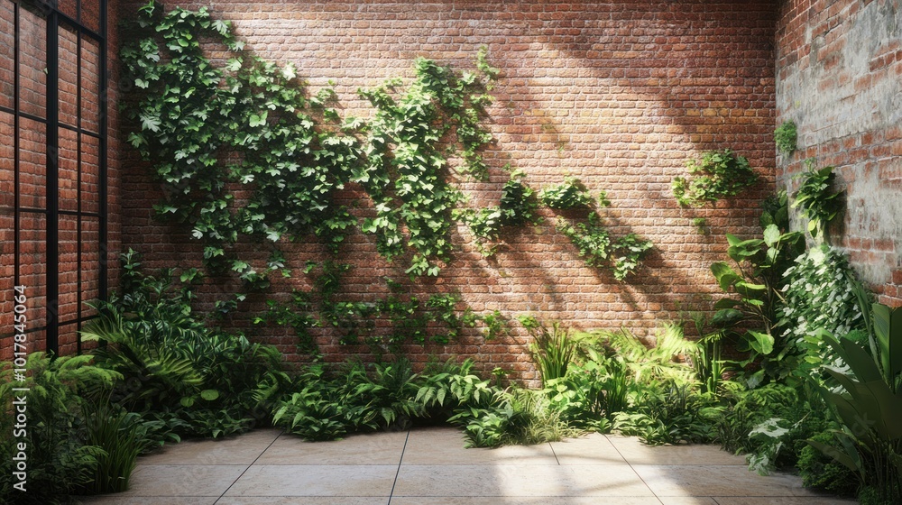 Poster brick wall with ivy and natural elements - combining brick walls with ivy and other natural elements
