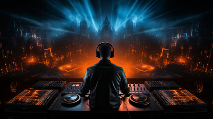 A DJ in silhouette behind their booth, with bright lights flashing or pulsing behind them, creates a bold and exciting template background.