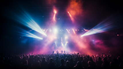 Colorful stage lights (blue, red, purple) beaming through a smoky haze. People in concert, happy and funny scence