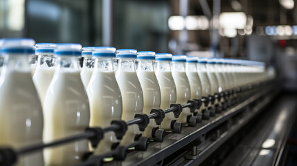 Obraz premium Bottles of milk on a conveyor belt in a factory