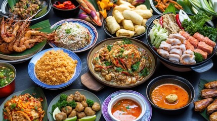 A vibrant scene of Thai street food stalls, with colorful dishes being served in a lively market, highlighting a rich culinary tradition.