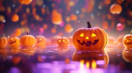 Happy Halloween Pumpkins Floating in Purple Water