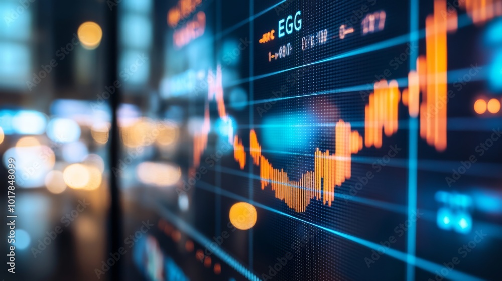 Poster a close-up view of a digital stock market graph displaying fluctuating data points, with a focus on 