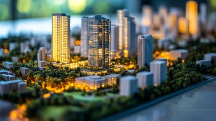 Naklejka premium A detailed architectural model of a modern cityscape illuminated at night, featuring skyscrapers, greenery, and urban planning elements.