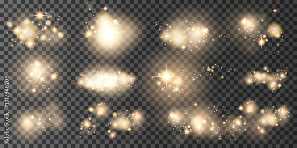Poster shiny glowing star dust set of elements for overlay vector design. christmas glowing dust background