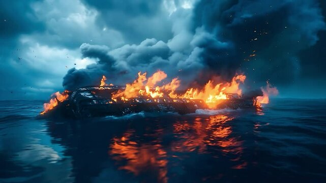 The blue ocean with wreckage of a spaceship in fire floating in the water	
