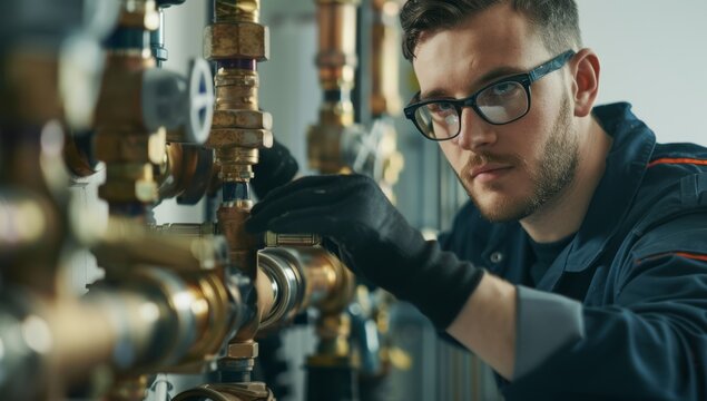 Confident male plumber in workwear is repairing the water system of an industrial building apprentice plumber learning to solder pipes under supervision, showcasing hands-on training