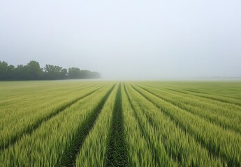 Obraz premium A large green wheat field with trees in the background, a foggy morning