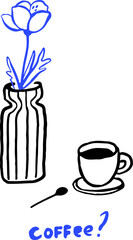 Cafe poster, coffee mug and flower in vase. Modern trendy art print, bold doodle line drawing on white.