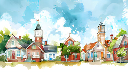 Obraz premium School house village buildings Watercolor