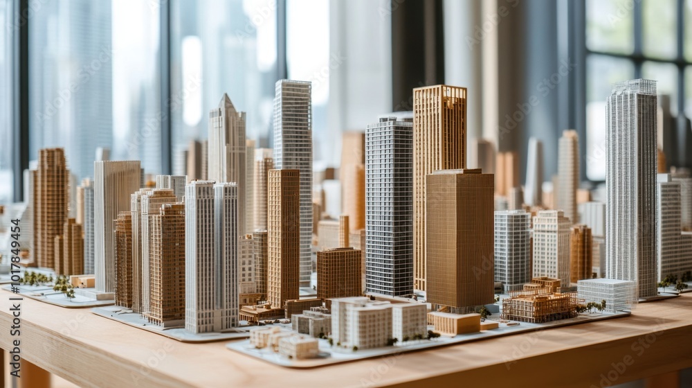 Aufkleber an intricate display of high-rise building models arranged on a wooden surface, emphasizing modern c