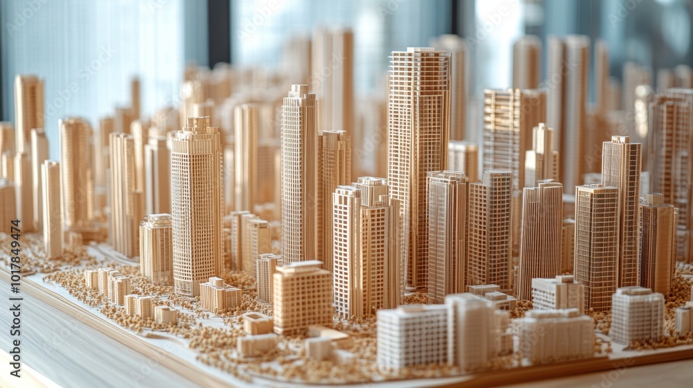 Aufkleber an intricate display of high-rise building models arranged on a wooden surface, emphasizing modern c