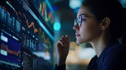 A focused professional analyzes financial data on a glowing screen, showcasing concentration and technology in a modern workspace.