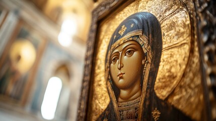 Obraz premium Captivating Icon of the Virgin Mary A Glimpse into Sacred Artistry and Spirituality