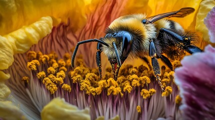Close-up of a Bumblebee Gathering Pollen from a Flower
