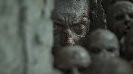 Obraz premium Survival Horror: Tense Moment of a Survivor Behind Barricade Facing Approaching Zombies with Cinematic Lighting