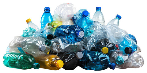 A pile of plastic bottles and bags on a white background