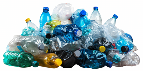 A pile of plastic bottles and bags on a white background