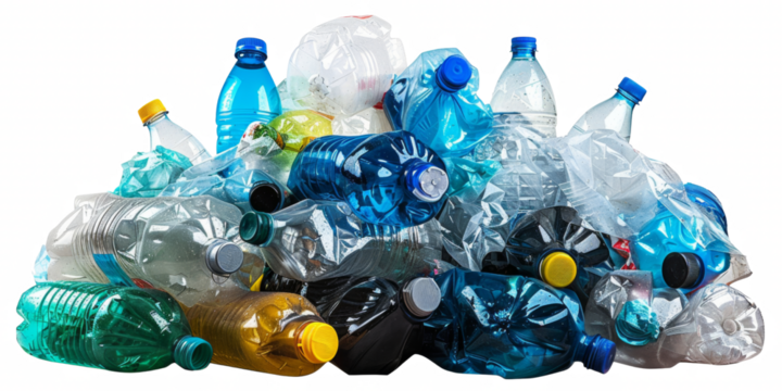 A pile of plastic bottles and bags on a white background