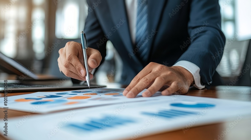 Poster a businessman analyzes documents, taking notes with a pen. various graphs and charts are visible, hi