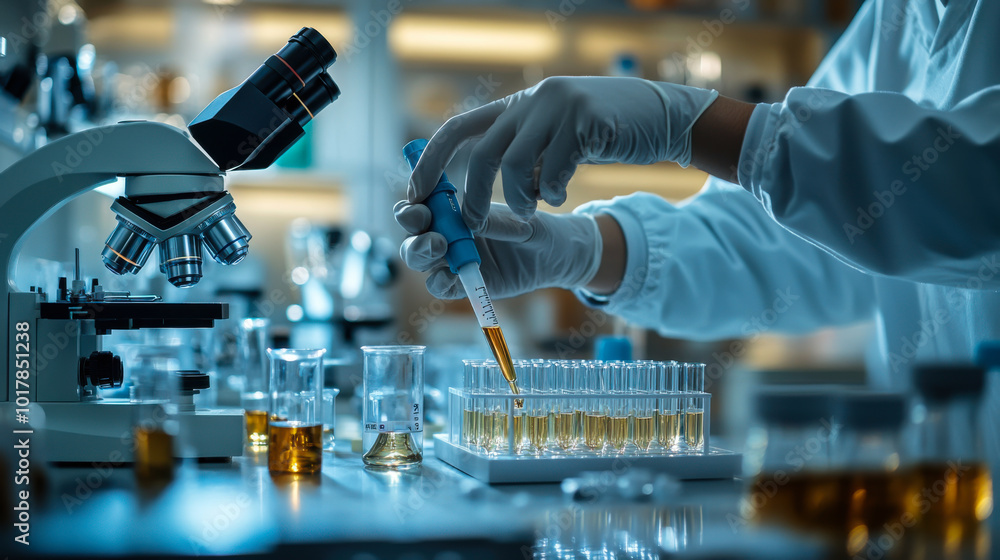 Poster a scientist carefully pipetting liquid samples into test tubes within a busy laboratory setting duri