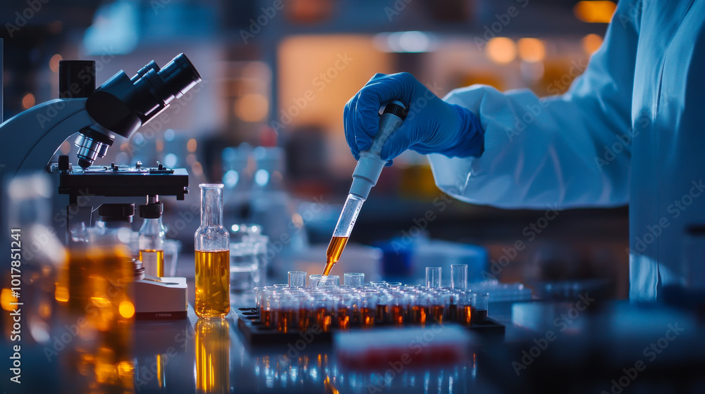 Poster a scientist carefully pipetting liquid samples into test tubes within a busy laboratory setting duri