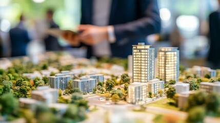 A professional examining a detailed architectural model of a urban development featuring buildings and landscape design.