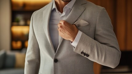A close-up shot of a man adjusting the collar of a light grey suit jacket, emphasizing the texture of the fabric, with a subtle backdrop of a modern interior