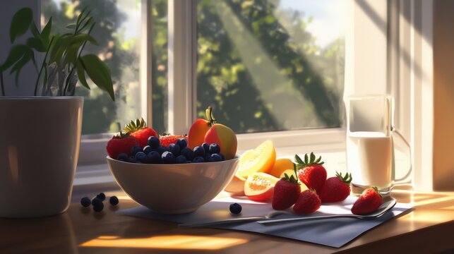 A colorful bowl filled with a variety of fresh fruit is conveniently sitting on a wooden table right next to a bright window
