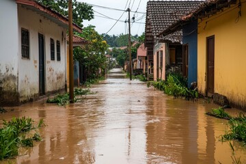 Flooded street in a residential area after heavy rain, showcasing environmental impact.