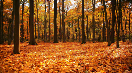 Fototapeta premium A dense forest floor with a blanket of fallen leaves in all shades of autumn, and towering oak trees displaying deep oranges. Autumn landscape, fall foliage