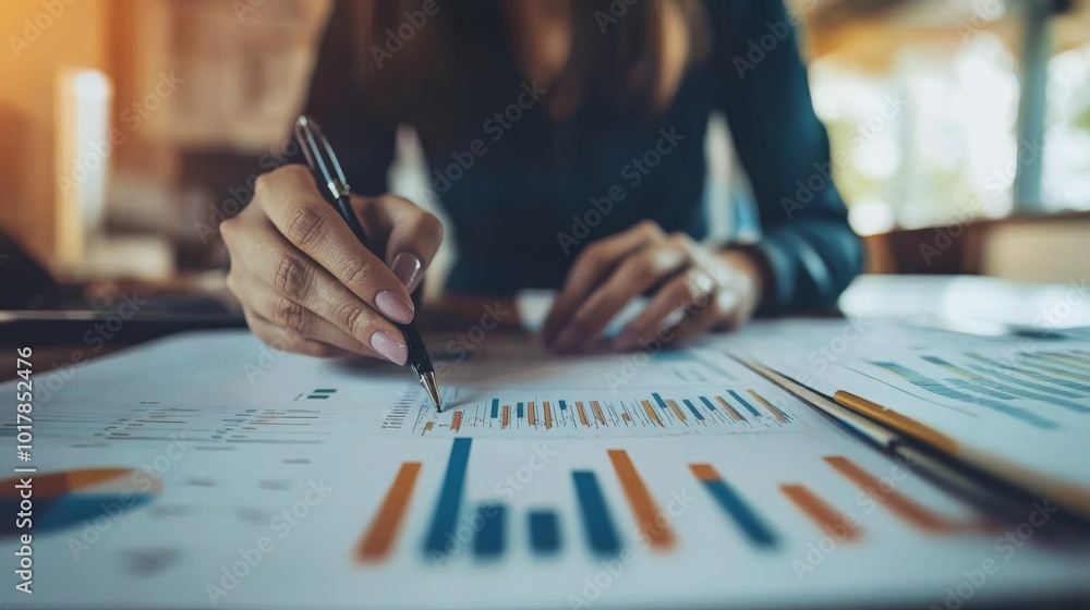 Poster a person analyzes data on a document, using a pen, with colorful graphs and charts visible on the ta