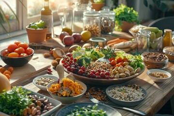Colorful healthy foods are artfully arranged on a wooden table, showcasing fresh fruits, vegetables, nuts, and nutritious meals ready to enjoy. Generative AI