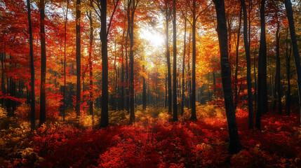 Obraz premium A forest clearing filled with bright red and yellow trees, with soft sunlight streaming through and casting long shadows. Autumn landscape, fall foliage