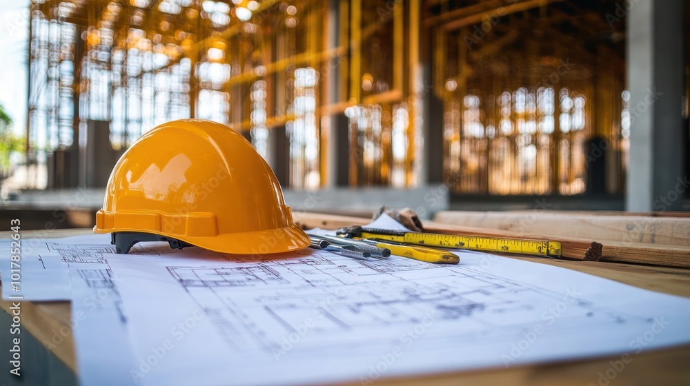 Poster a construction blueprint spread out on a table with tools and a hard hat nearby, surrounded by the f