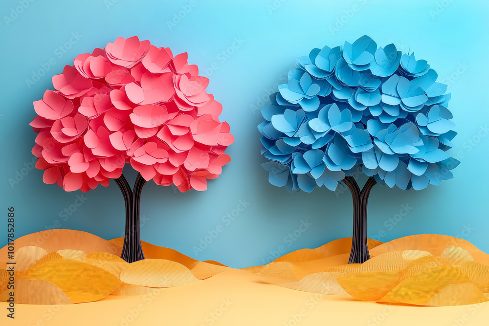 Wall mural two paper cut origami style trees isolated on a light blue background, minimalism style