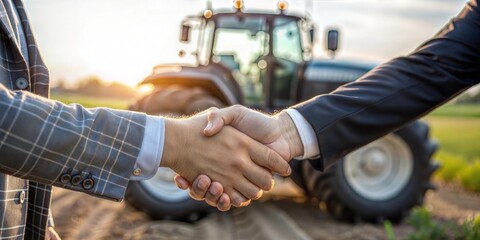 Agribusiness Handshake Agreement Between Businessman and Farmer for Tractor Purchase



