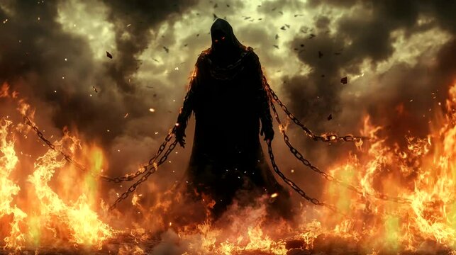 A dark figure draped in a tattered cloak, with burning chains in hand, stands amidst rising flames. Looping 4k video animation background