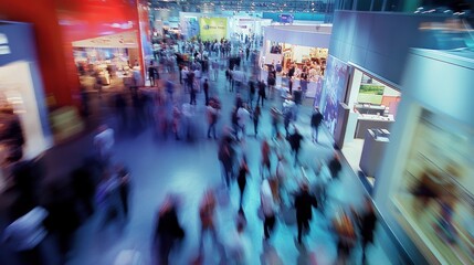 Obraz premium A dynamic scene at a busy trade fair with blurred figures of people networking and interacting around modern exhibition booths, capturing the energy and movement of a vibrant business event