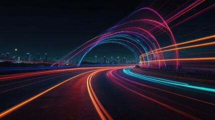 A winding road with colorful light trails leading toward a city skyline at night.