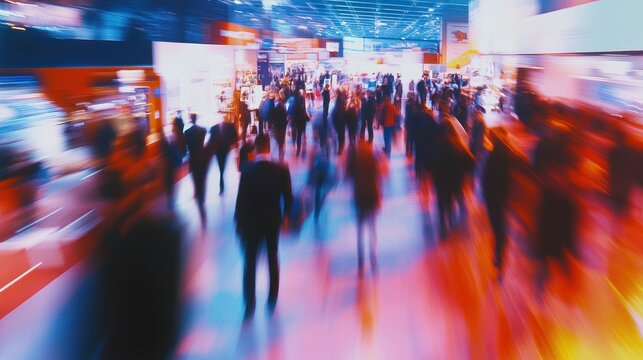 A dynamic scene at a busy trade fair with blurred figures of people networking and interacting around modern exhibition booths, capturing the energy and movement of a vibrant business event