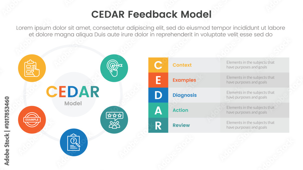 Poster cedar feedback model infographic template banner with big circle cycle and long box description with