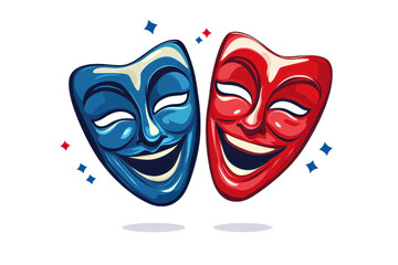 Colorful theatrical masks representing comedy and drama, symbolizing the dual expressions in performing arts. Vibrant and artistic design.